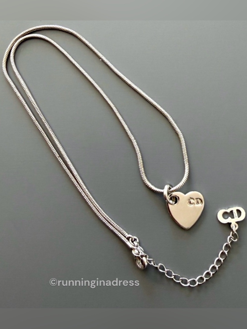 Christian Dior Vintage Heart Charm Snake Chain Necklace Silver CD Logo Y2K - Picture 1 of 12